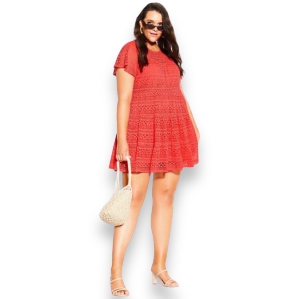 City Chic Plus Size Serenity Lace Overlay Mini Dress, Coral, Size XS/14